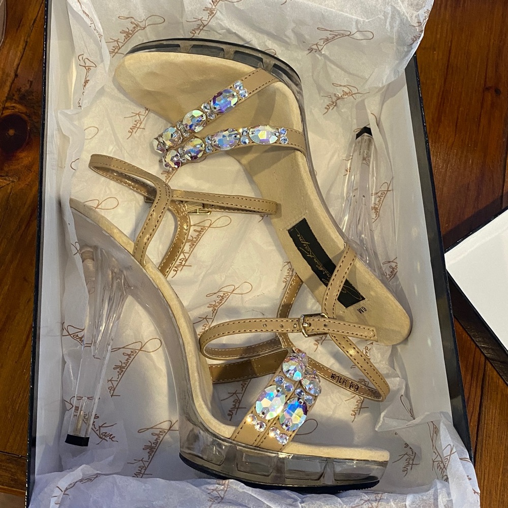 Elegant Crystal Beige Strappy 4” High Heels - Picture 7 of 9